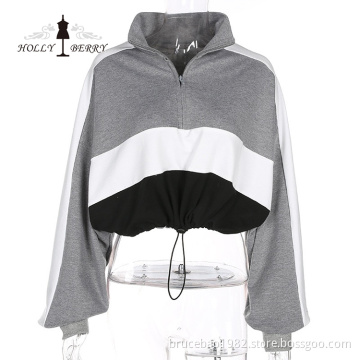 Short Turn-down Collar Cotton Full Midriff-baring Women Hooded Sweatshirt Zipper